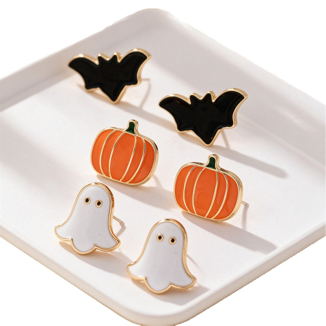 Halloween cute fun pumpkin ghost bat oil earrings three-piece set