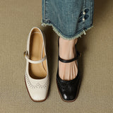 Women's Genuine Leather Brogue Chunky Heel Shoes