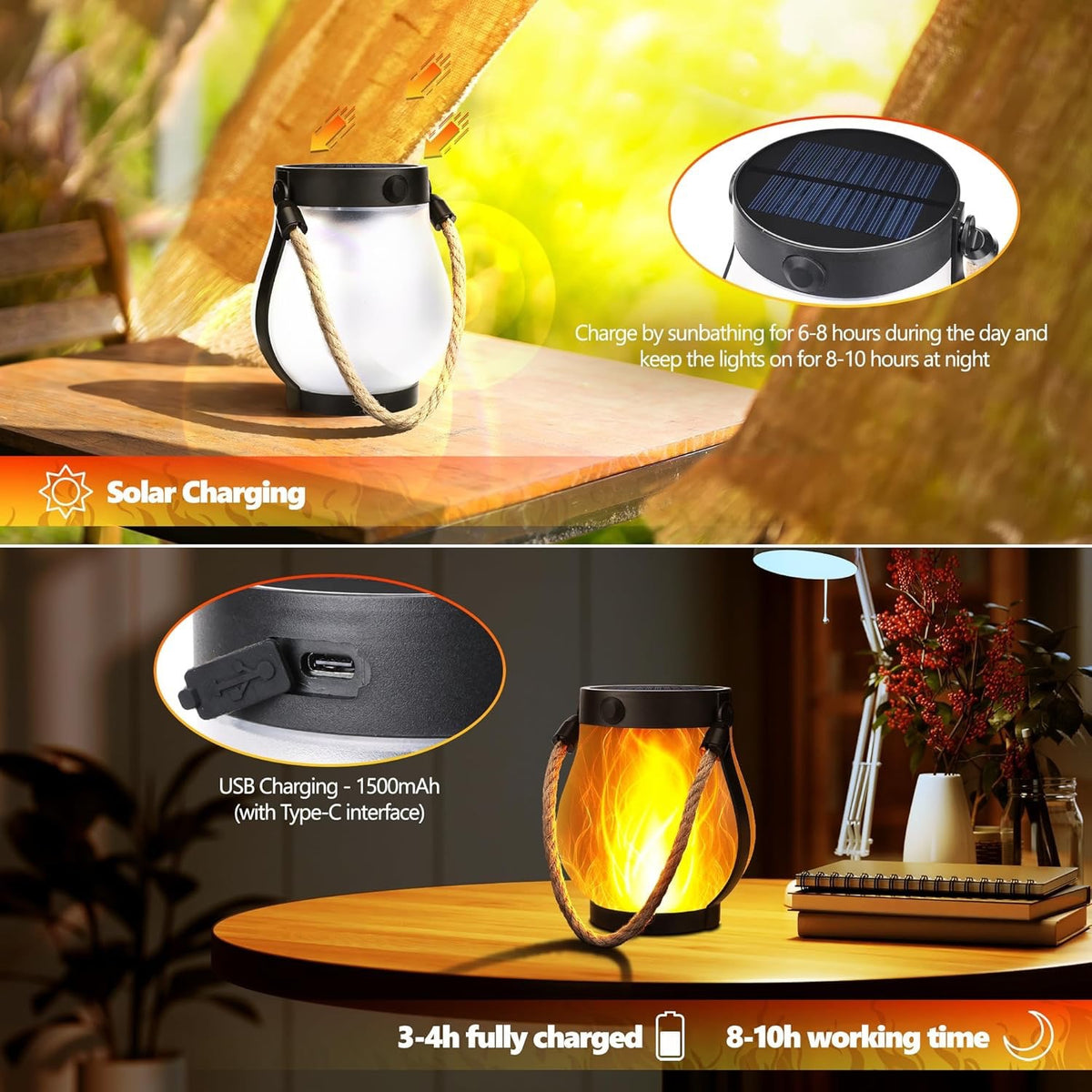 Solar Flame Lantern with USB Charging