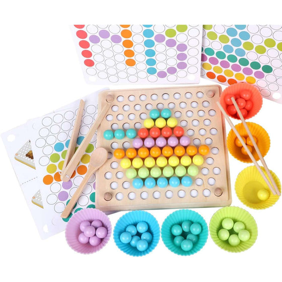 Wooden bead peg board set with pattern cards, chopsticks, tweezers and bead cups