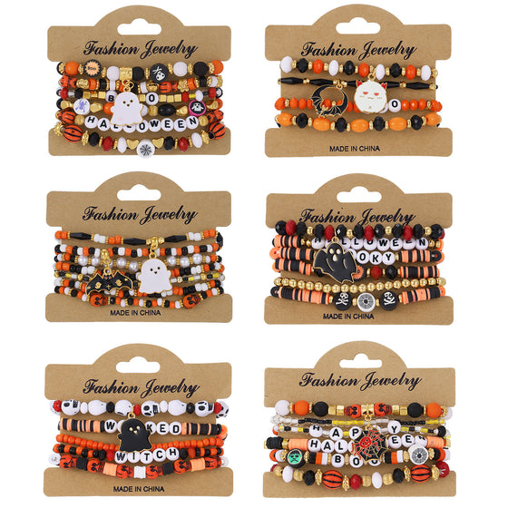 Halloween Orange Pumpkin Skull Bracelet Set