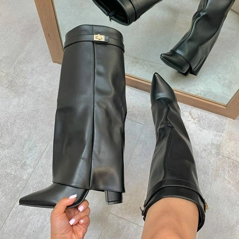 Women's Pointed Toe Chunky Heel Mid-Length Boots