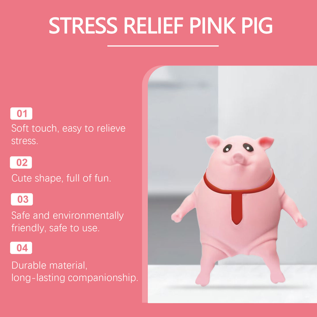 Stress relief pink pig squeeze toy with four feature callouts