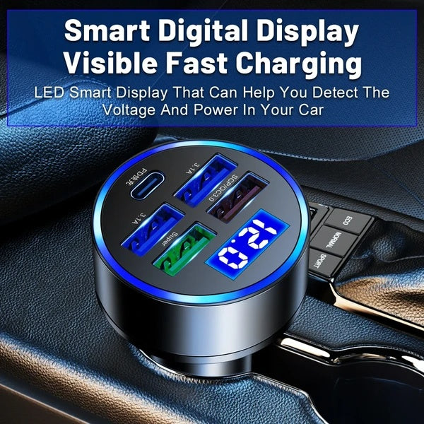 Car charger with digital display plugged into a car console