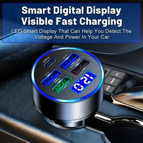 Car charger with digital display plugged into a car console