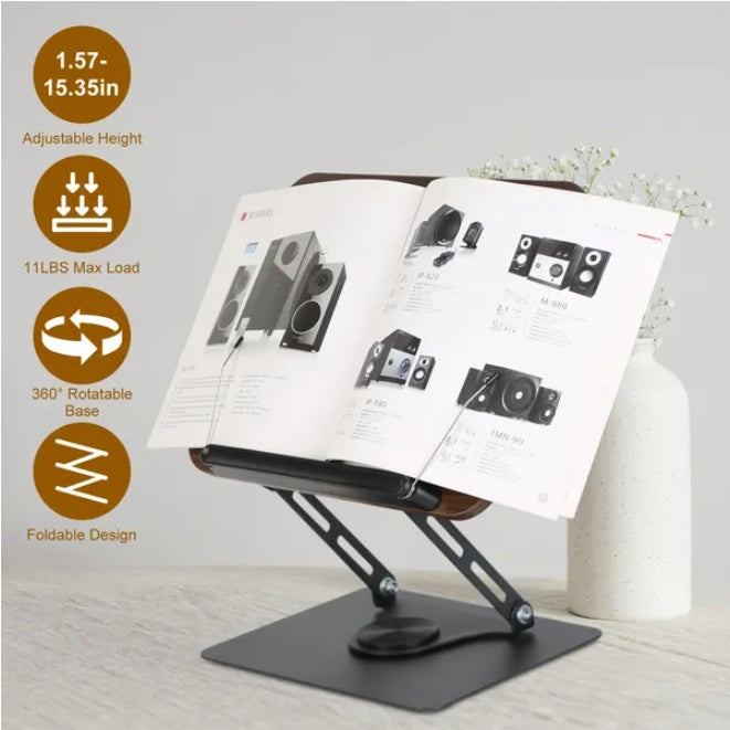 Adjustable book stand holding a textbook, front view