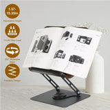 Adjustable book stand holding a tablet on desk