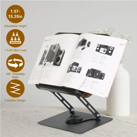Adjustable book stand holding a tablet on desk
