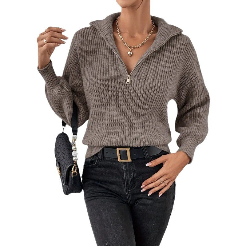 Solid Color Polo Collar Zipper Long Sleeve Knit Sweater for Women
