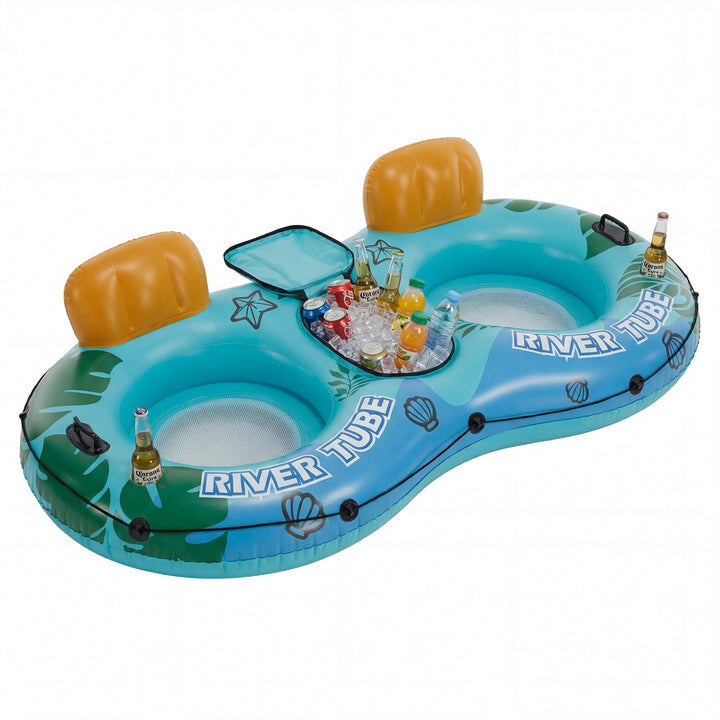 People relaxing on river floats with drinks