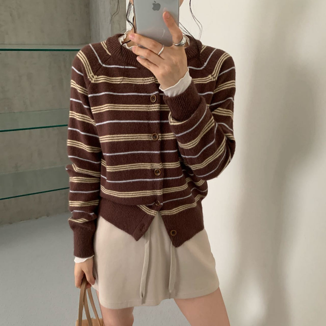 Women Retro Color Block Striped Knit Cardigan Round Neck Long Sleeve Slimming Sweater