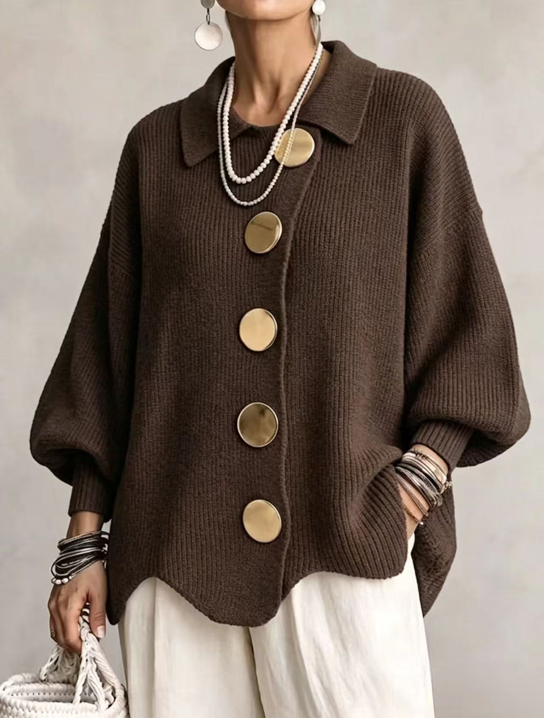 Women's V-Neck Button Long Sleeve Knit Sweater