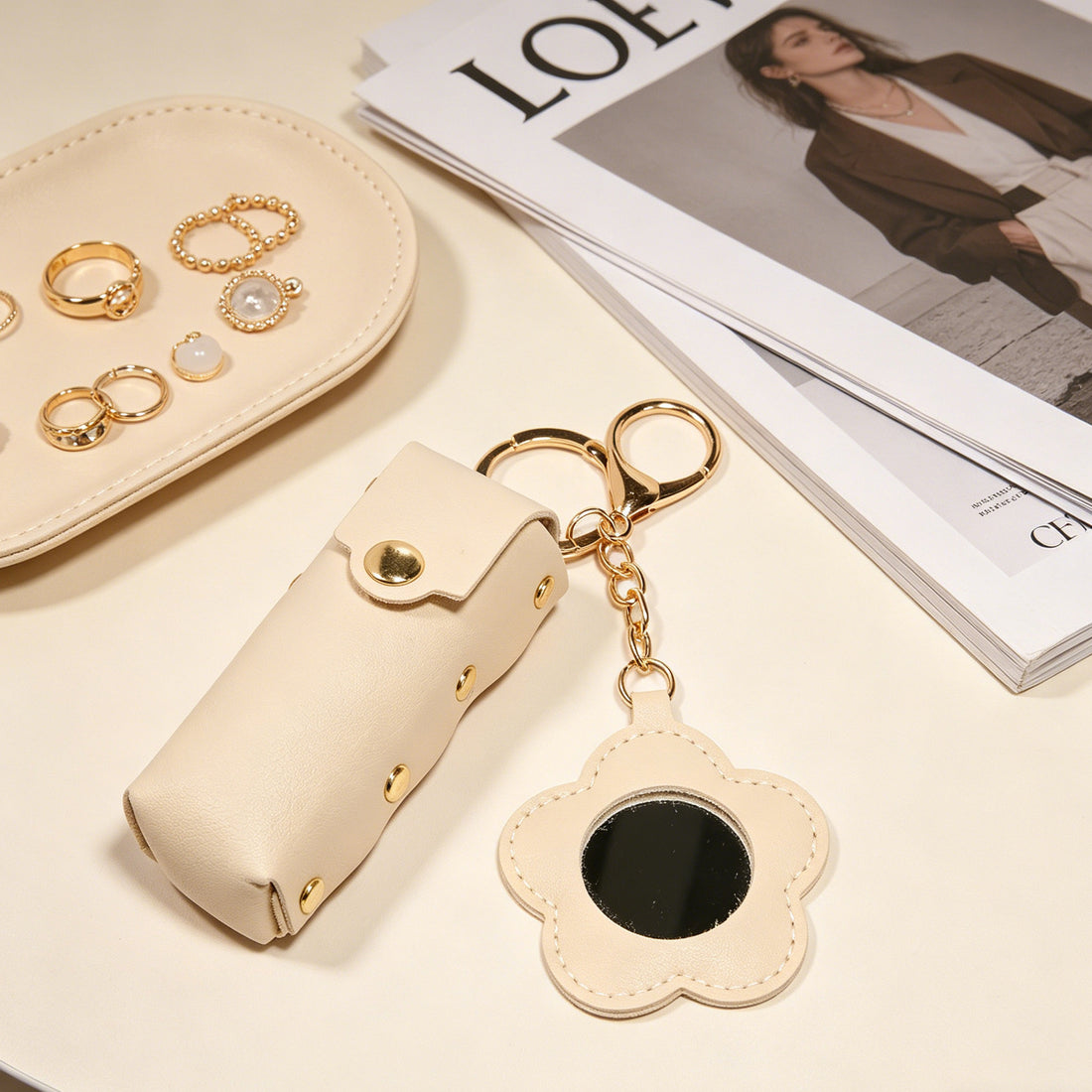 Rivet Flower Cylindrical Lipstick Pouch Keychain Pendant
