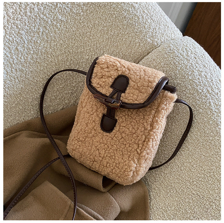 Women's Plush Lamb Wool Crossbody Bag Simple Trendy Phone Purse