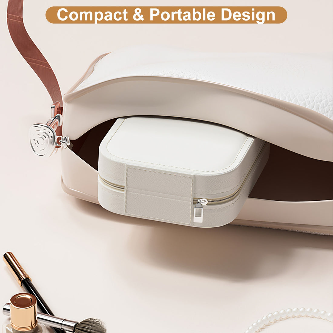 White travel makeup bag with LED mirror, compact and portable design