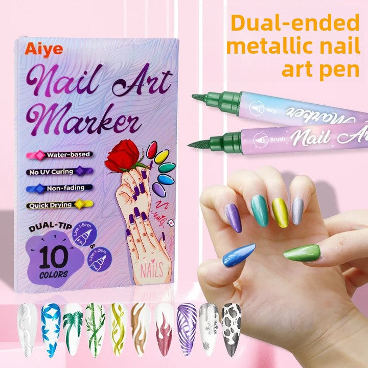 12-Color Dual-Ended Metallic Nail Art Pen Set for Drawing and Smudging