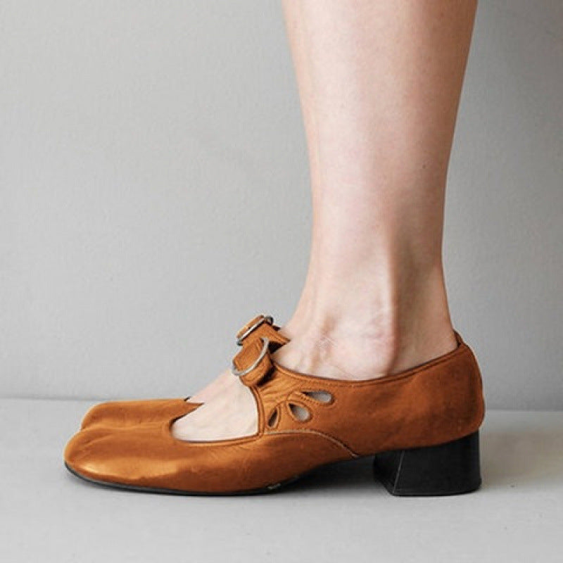 Women Low Heel Round Toe Buckle Strap PU Loafers