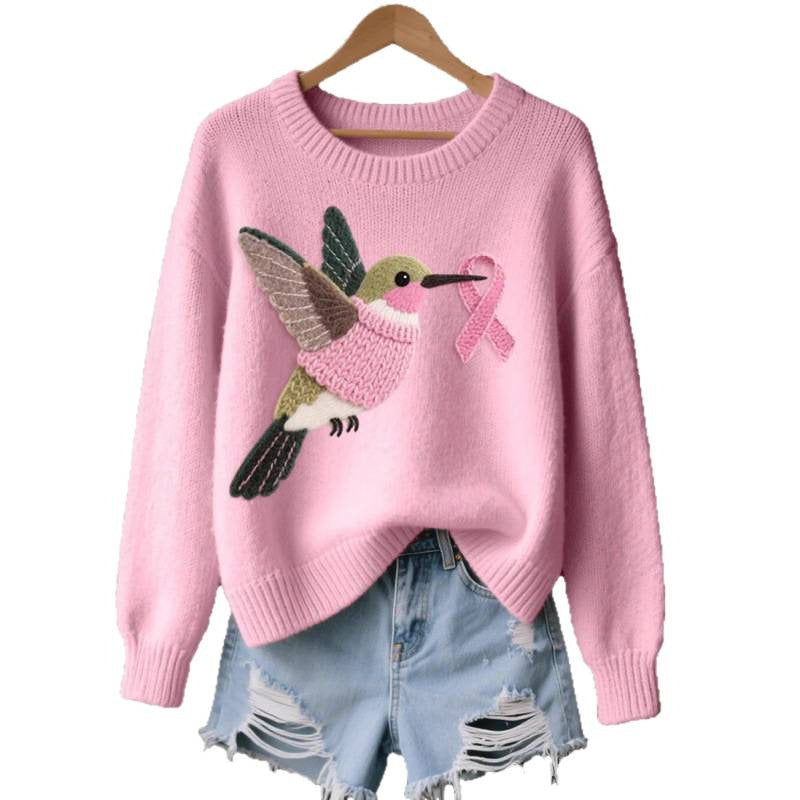 Womens 3D Printed Round Neck Chunky Knit Sweater