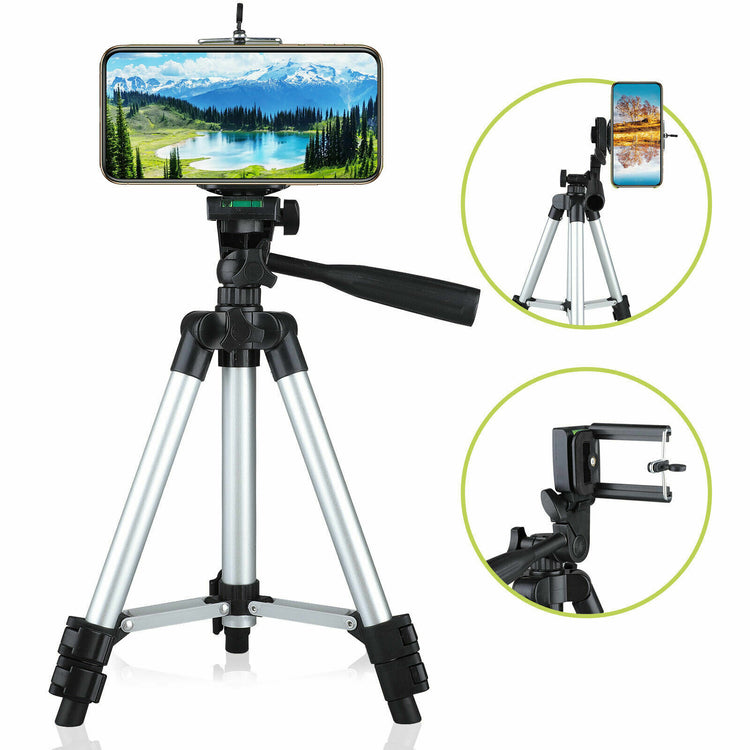 Silver phone tripod stand fully extended, front view