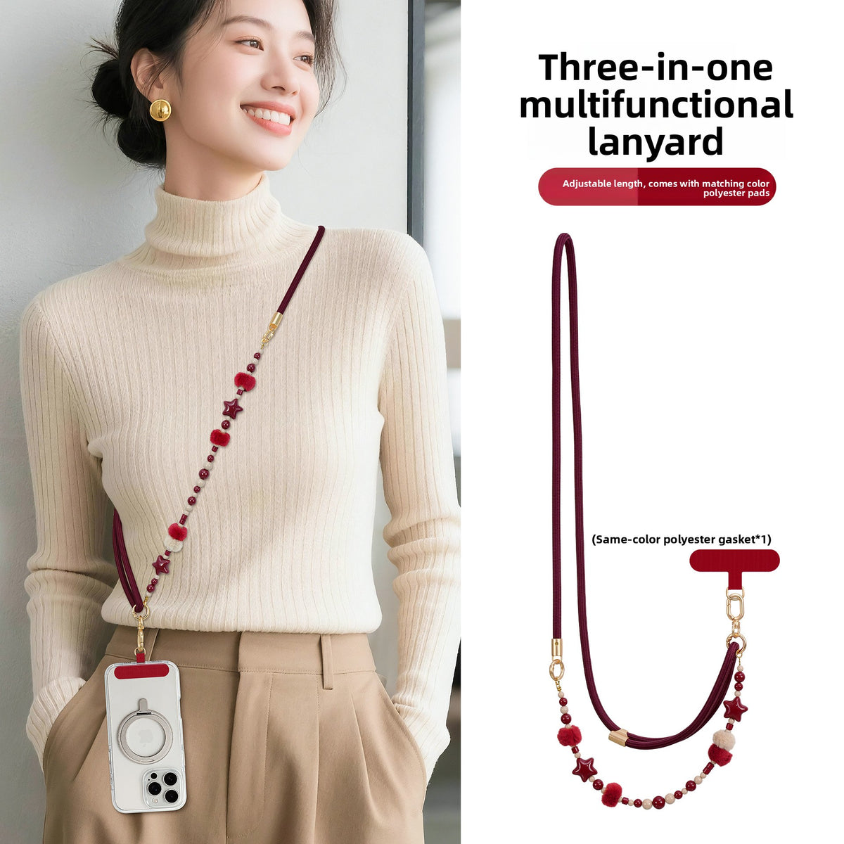 Furry Beaded Phone Strap Long Crossbody Neck Anti-Loss Chain