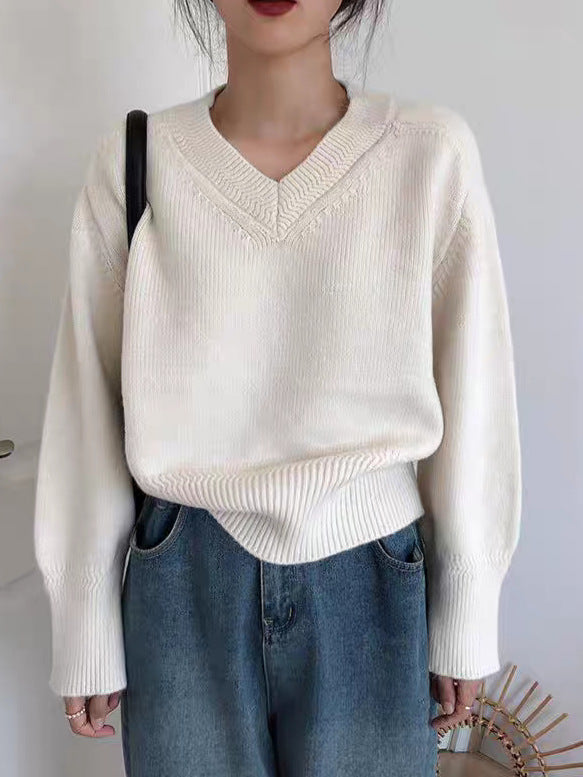 Women V-Neck Solid Color Long Sleeve Sweater Loose Fit Pullover