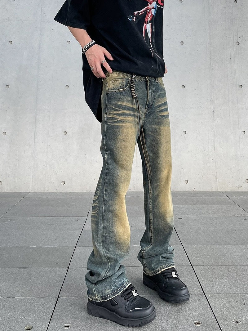 Distressed yellow mud-dyed washed jeans straight-tube micro-pants