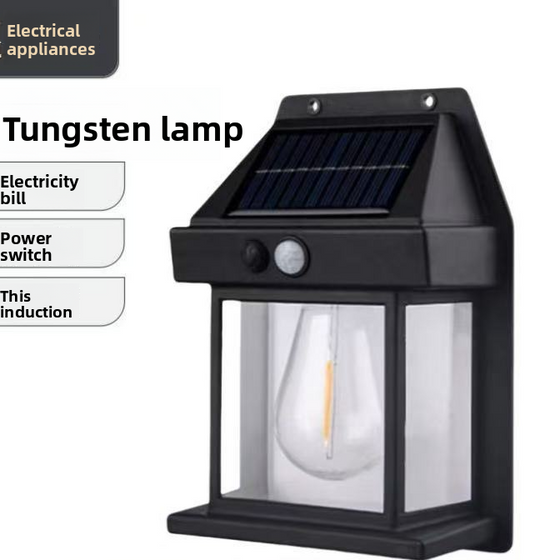 Black solar wall lantern with a tungsten-style bulb