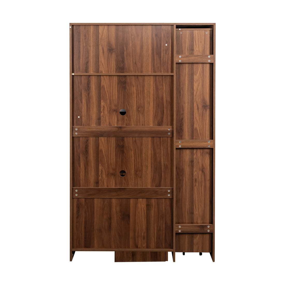Pantry cabinet with pull-out shelves extended to show storage