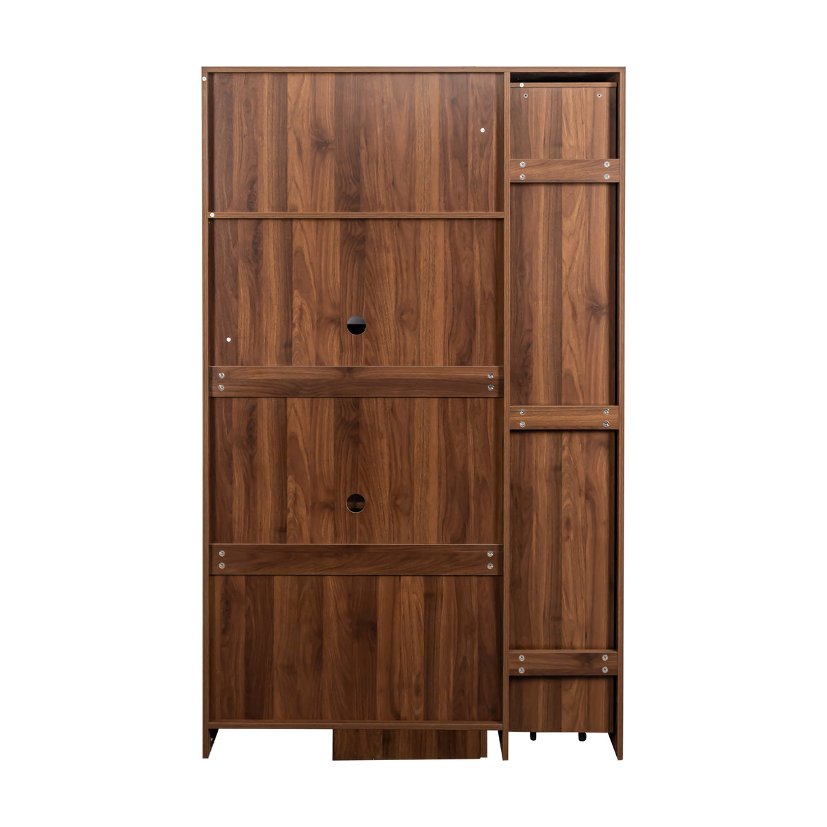 Pantry cabinet with pull-out shelves extended to show storage