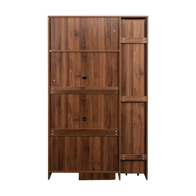 Pantry cabinet with pull-out shelves extended to show storage