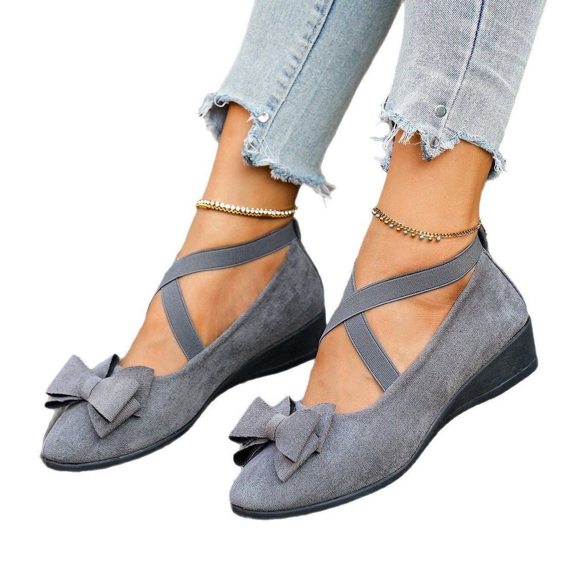 Women's casual wedge shoes with cross strap and bow, photo 5