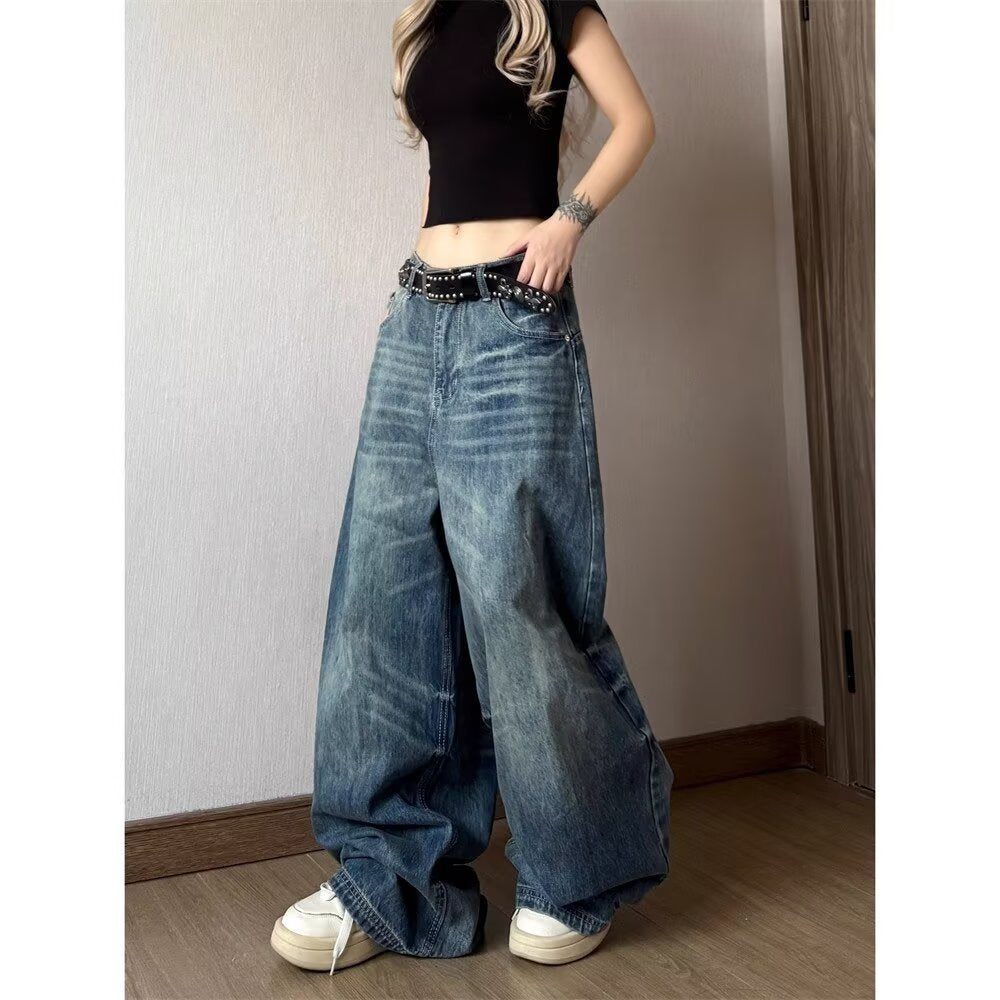 Vintage Distressed High-Waist Wide-Leg Floor-Length Denim Pants for Women