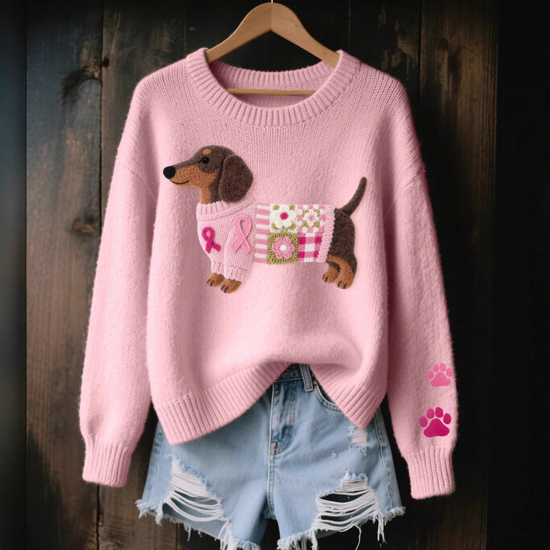 Womens 3D Printed Round Neck Chunky Knit Sweater