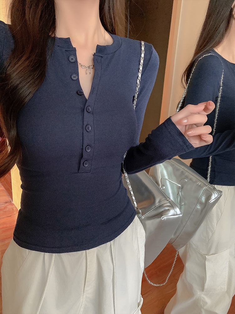 Women's Slim Fit Half-Collar Button Long Sleeve T-Shirt