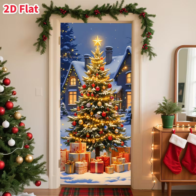 Milk Silk Christmas Door Banner Reindeer Santa Claus Design Festive Party Decoration Hanging Cloth for Home Living Room Bedroom