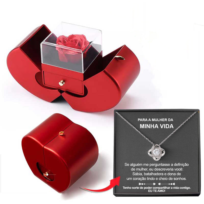 Eternal rose apple box with silver clover necklace and Portuguese message card