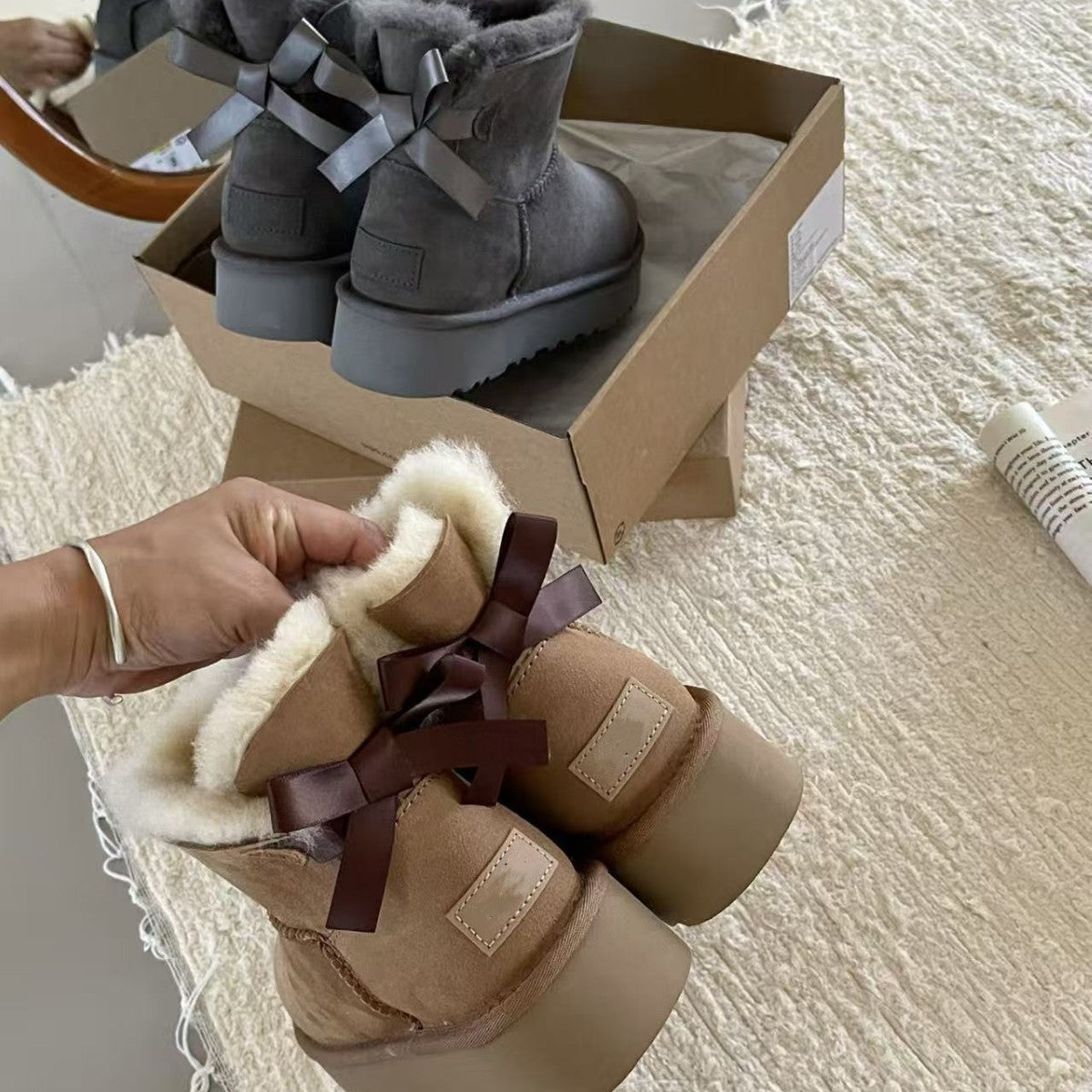 Classic Sheepskin Snow Boots with Ribbon Bow