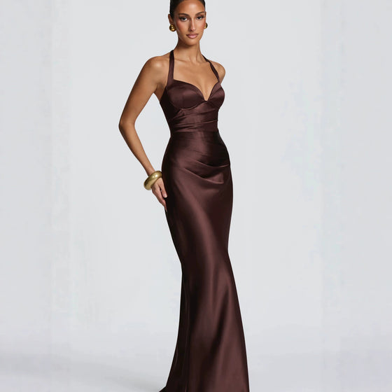 Fashion Elegant Satin Halter Neck Ribbon Backless Cross-Tie Floor-Length Fishtail Gown Dress