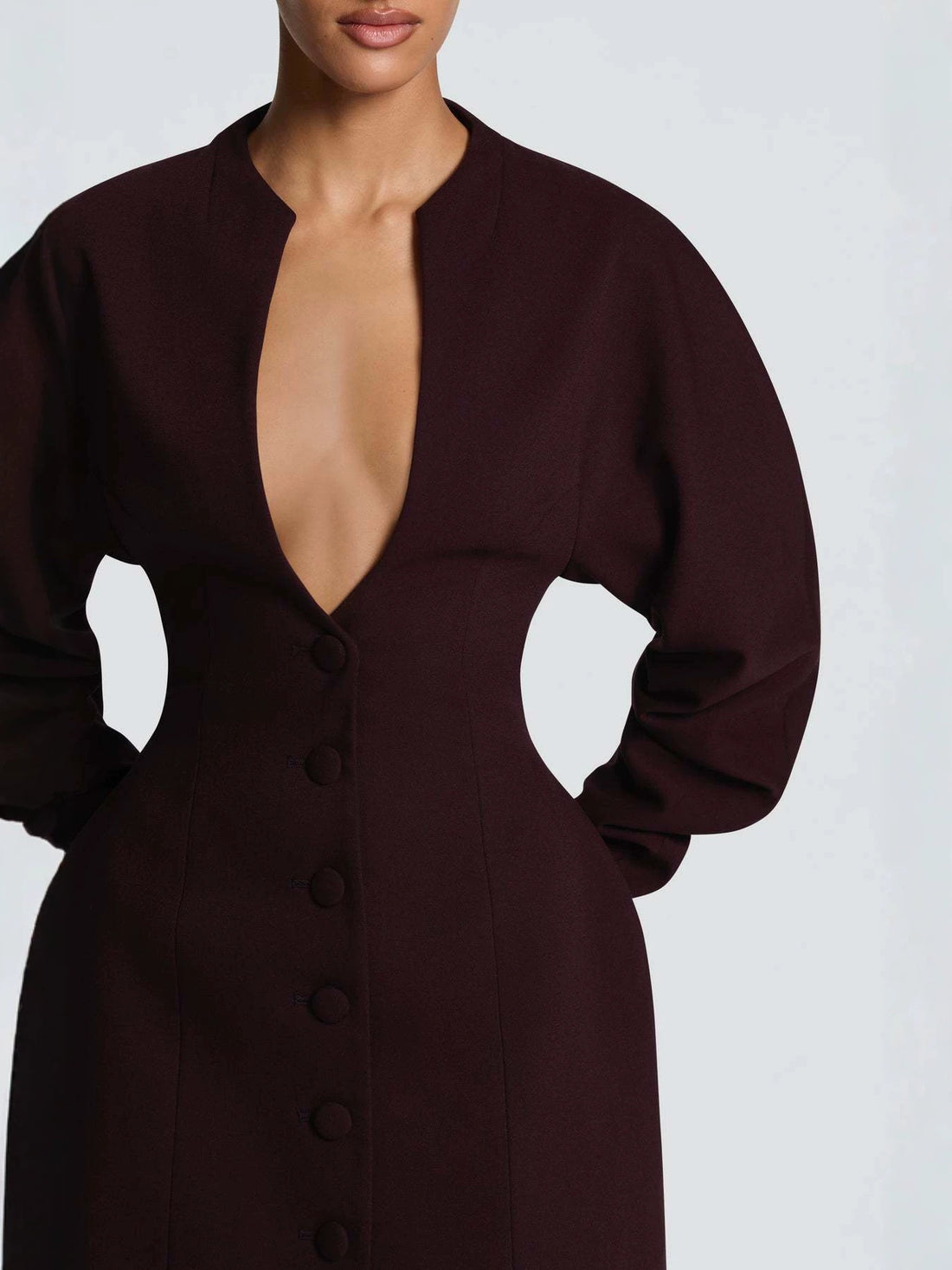 Women's Solid Mid-Length Slim Fit Boucle V-Neck Coat