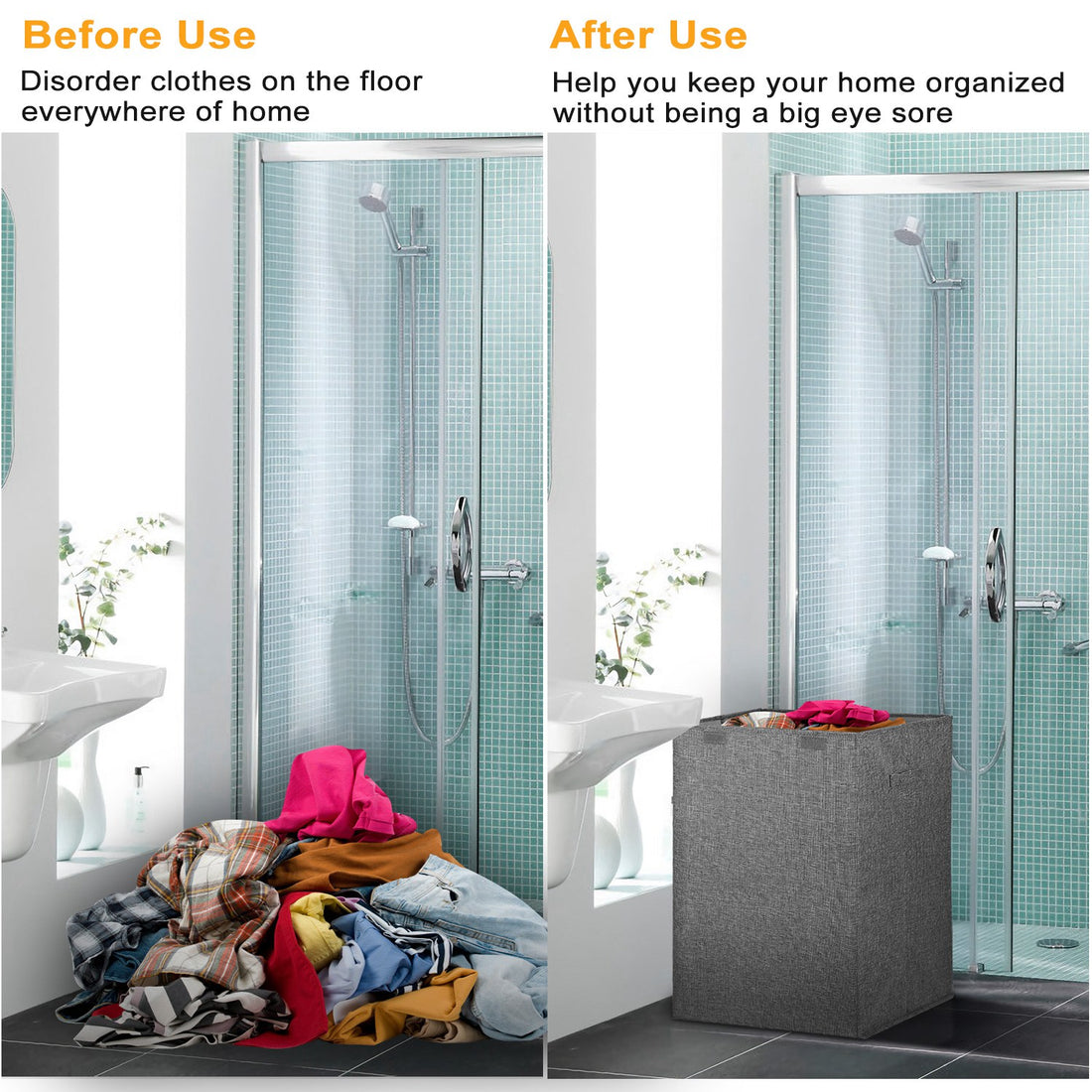Before and after using the hamper in a bathroom
