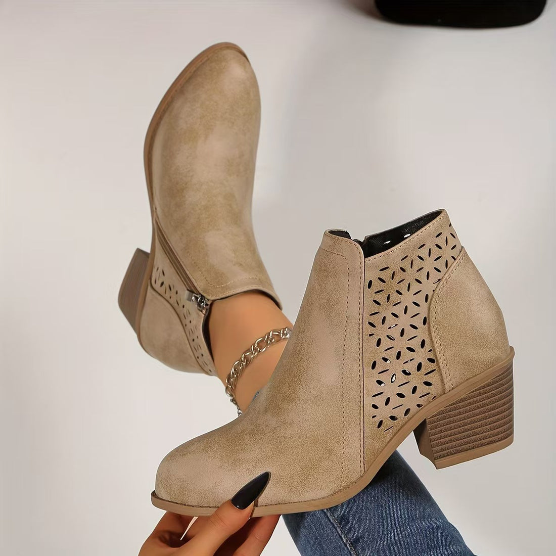 Women's Hollow Pointed Toe Low Heel Chelsea Boots with Side Zipper