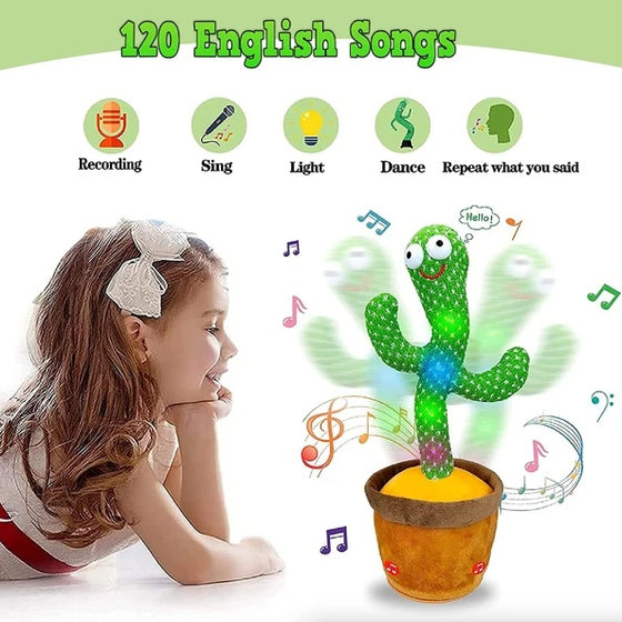 Girl listening to the dancing cactus with 120 English songs, record, sing, light, dance icons