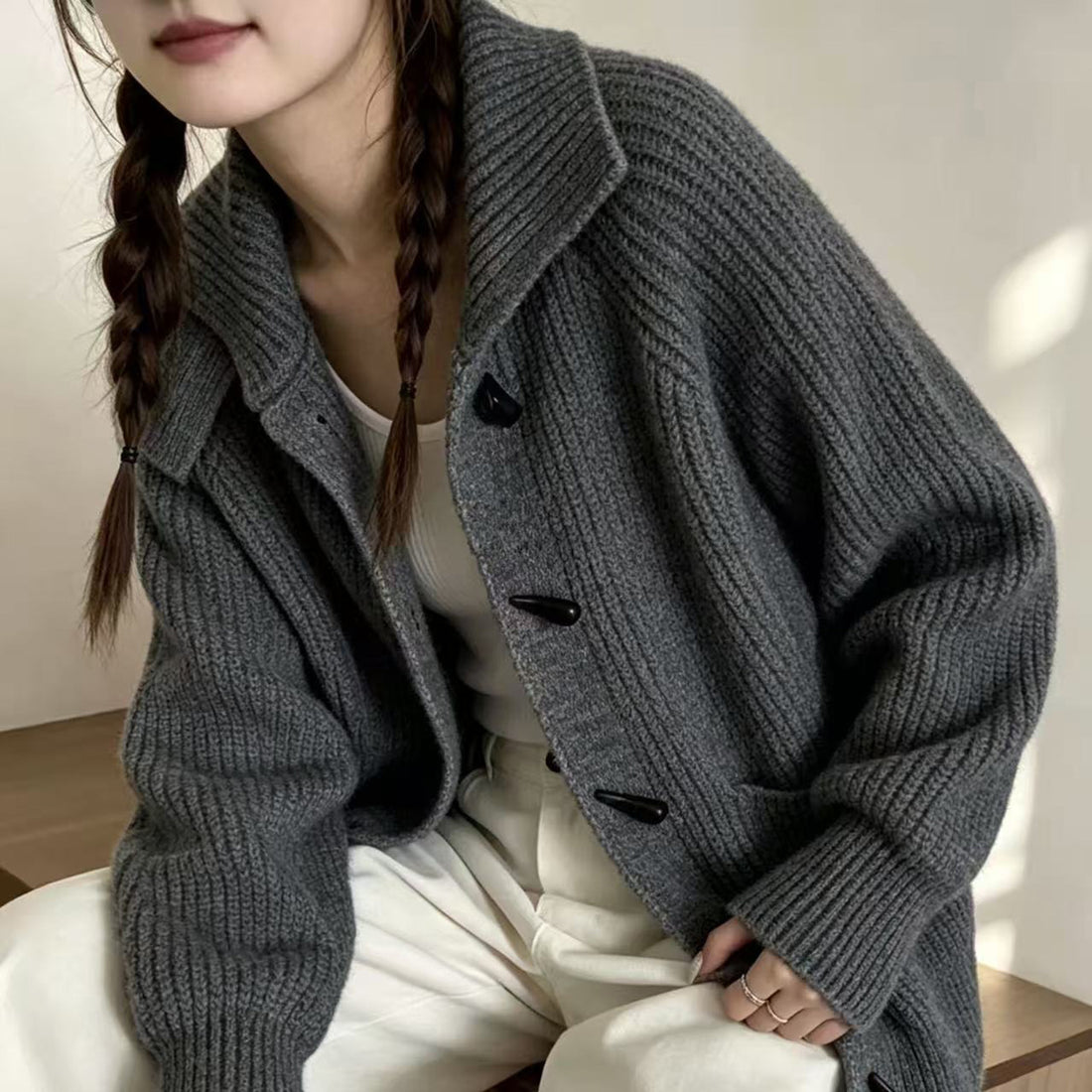 Women Knitted High Collar Cardigan Horn Button Thick Sweater
