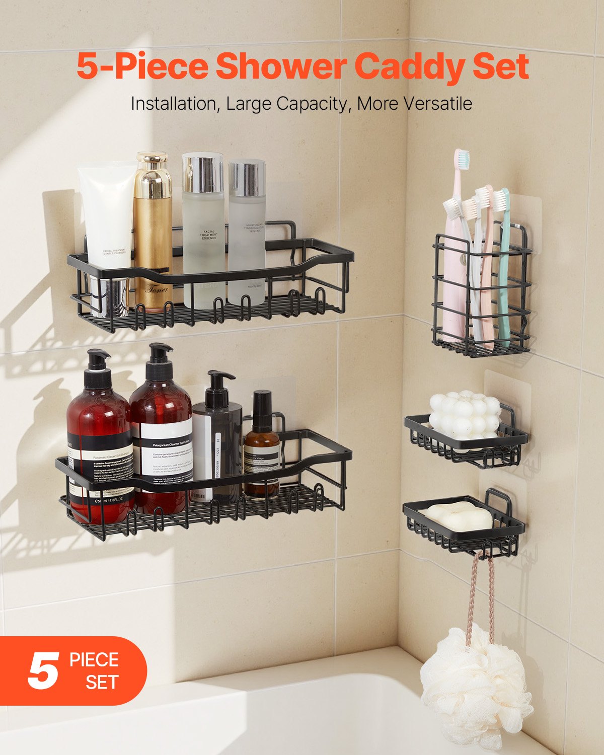 5 Pack Adhesive Shower Caddy Bathroom Storage Shelves