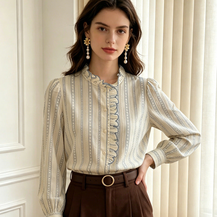 Women's 100% Cotton Ruffled Stand Collar Striped Long Sleeve Blouse