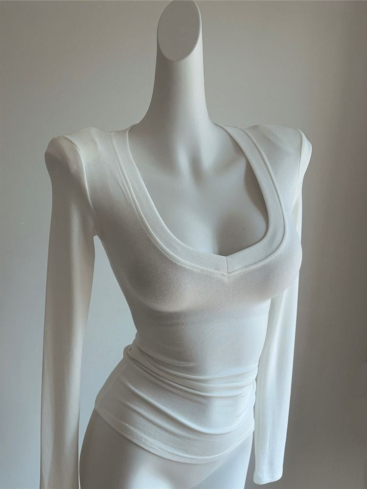 Womens Right Angle Shoulder V Neck Slim Fit Long Sleeve T Shirt