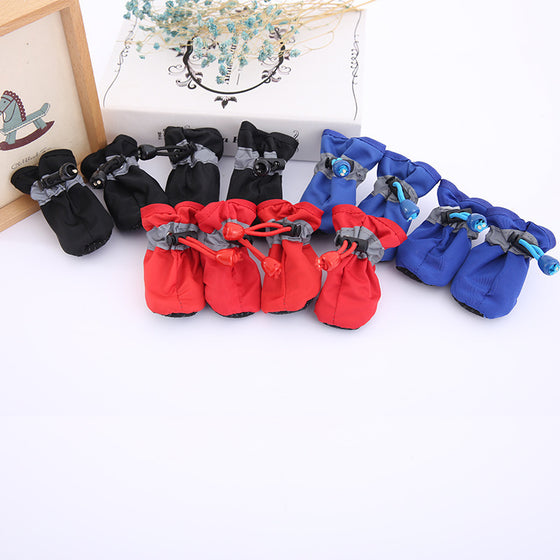 Black, red and blue dog shoes lined up