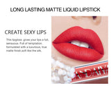Liquid lipstick set with 6 long-wear matte shades displayed in tubes