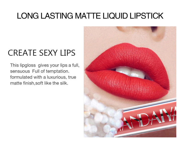 Liquid lipstick set with 6 long-wear matte shades displayed in tubes