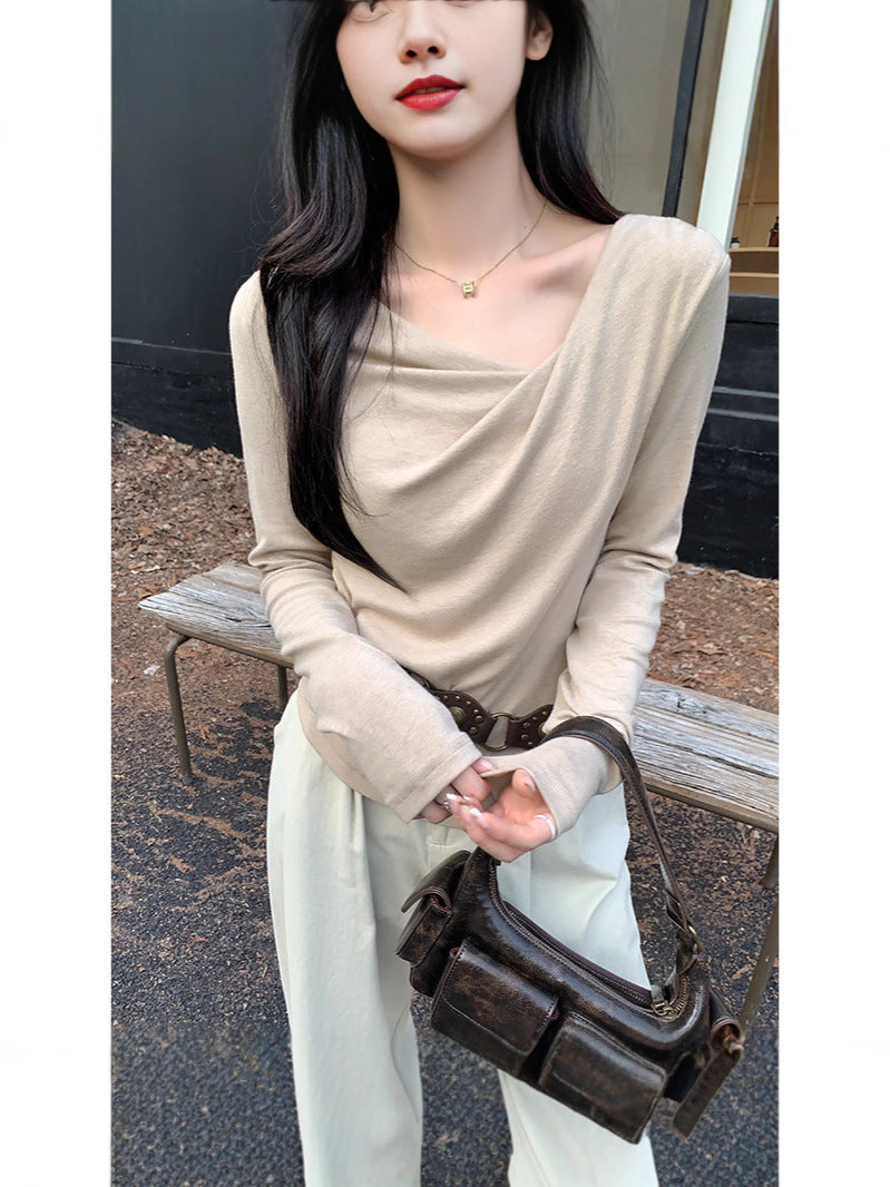 Pure Desire One-Shoulder Collar Long-Sleeved Knit Tight Inner Base Top